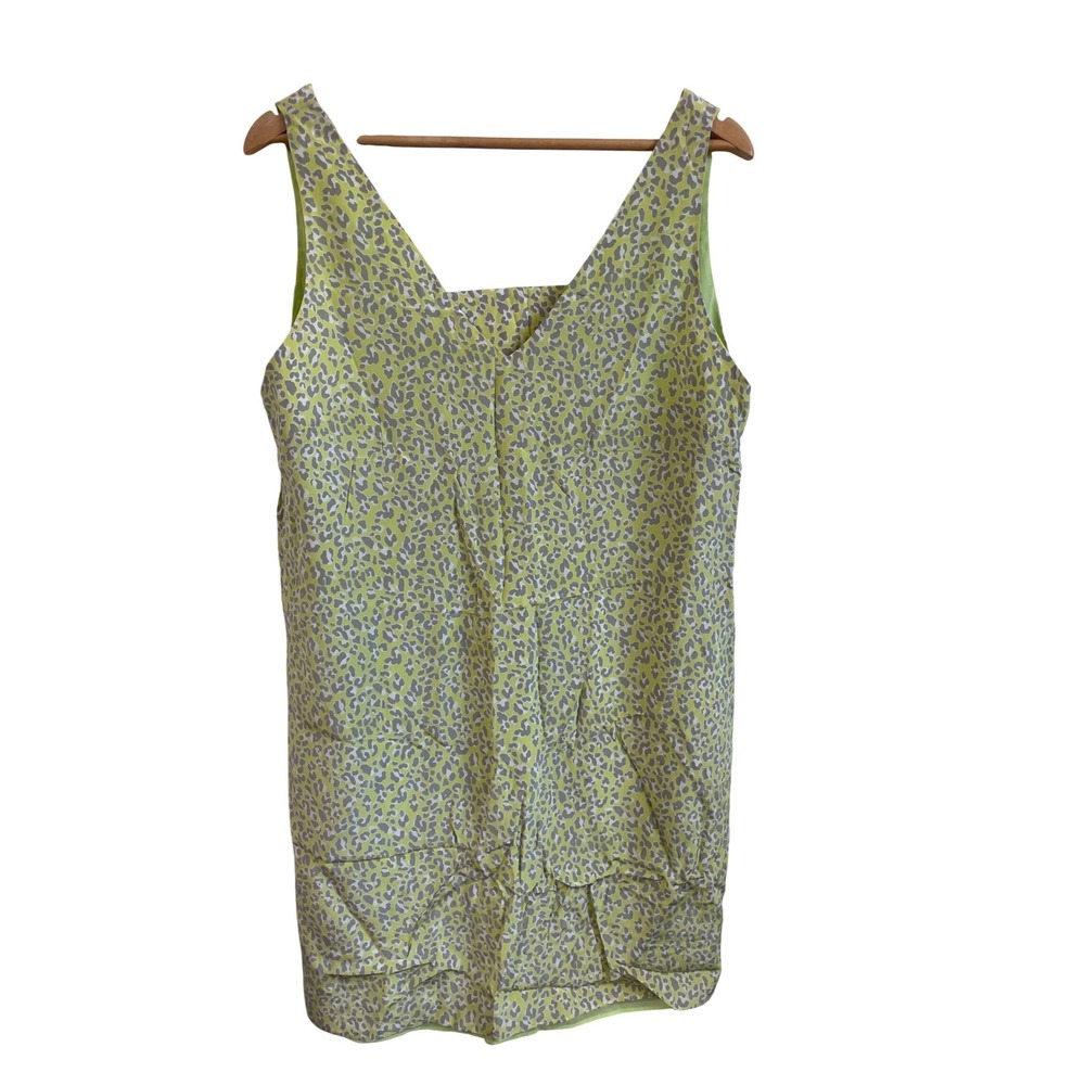 Leona Womens Lime Green Grey Leopard‎ Print 100% Silk V-Neck Shift Dress Large